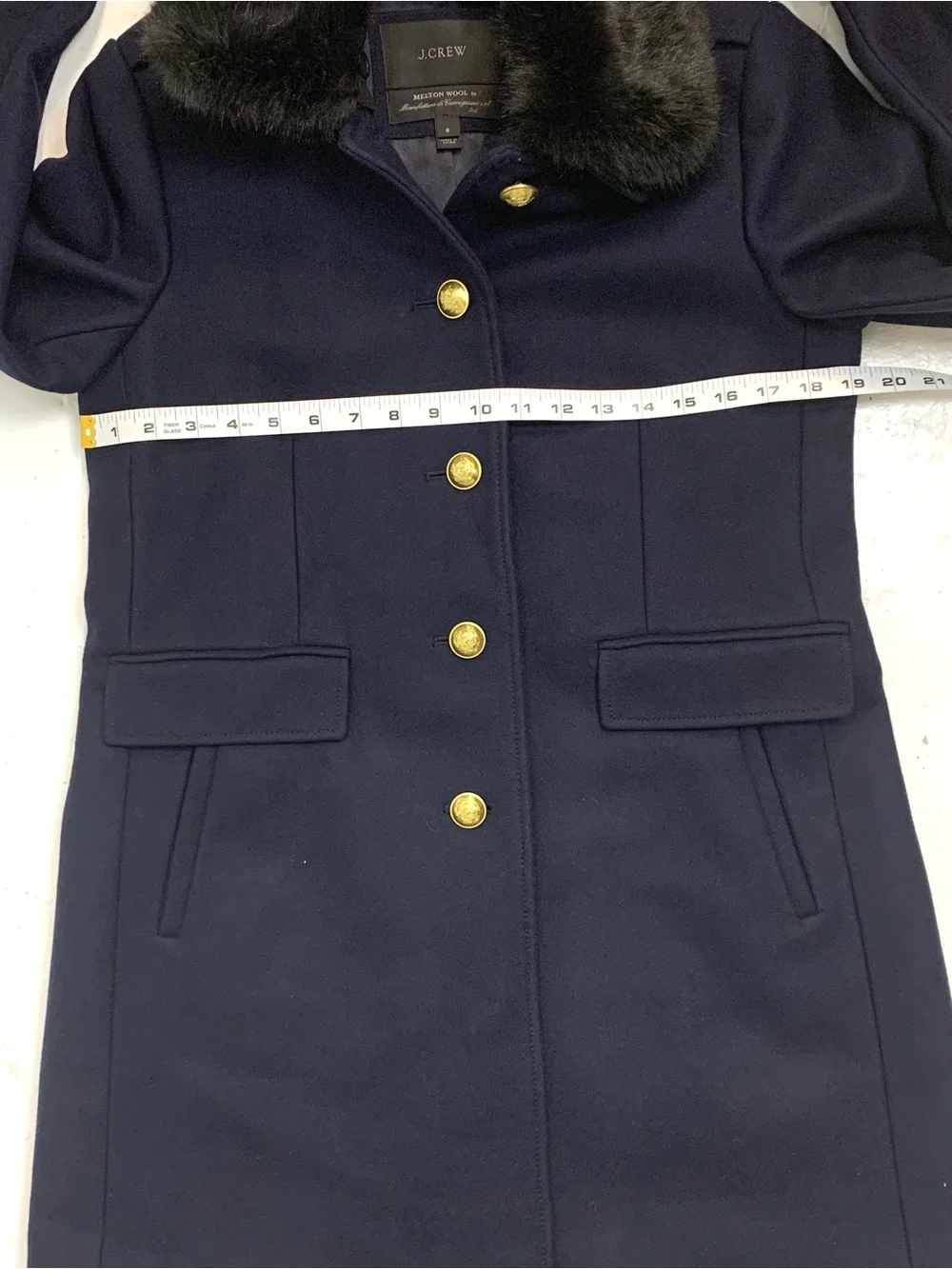 J Crew Women 8 Melton Wool Coat Faux Fur Collar Gold Crest Buttons Navy Overcoat